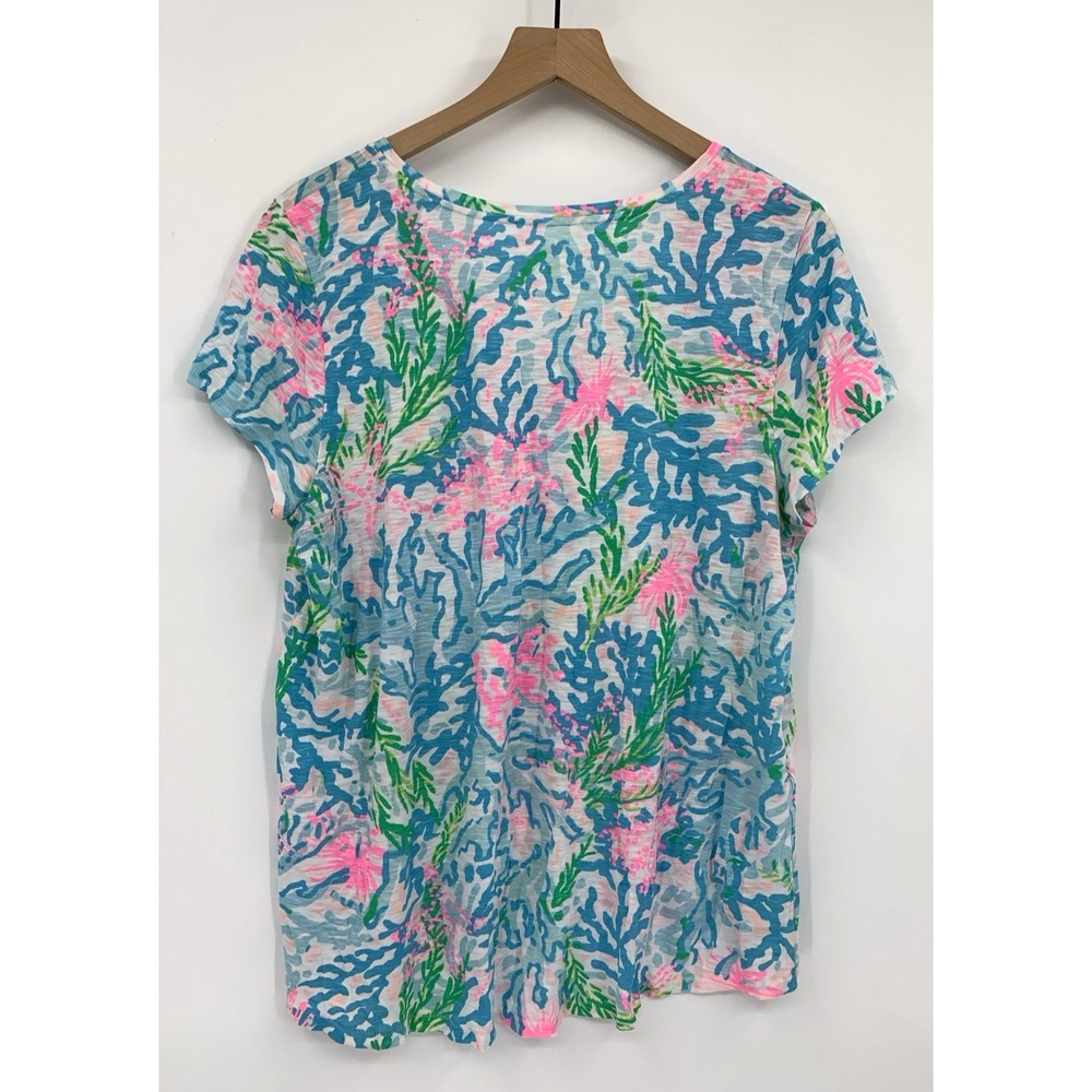 Lilly Pulitzer Shirt Women XL Blue Short Sleeve 100% Cotton Colorful Preppy - Picture 2 of 7